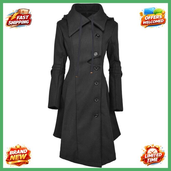 Wool Blend Long Trench Coat with Hood Victorian Gothic Style XS-2XL